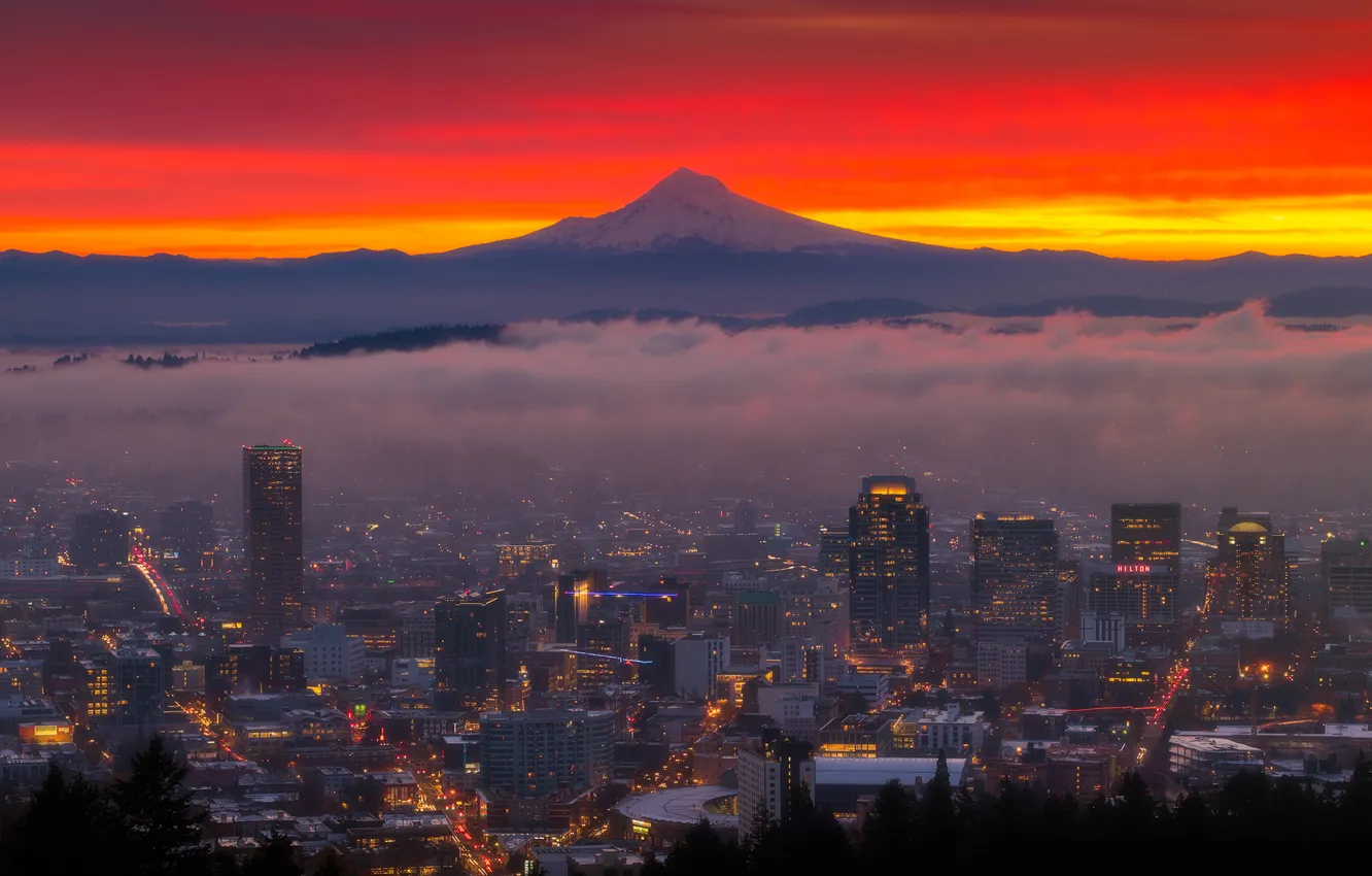 Фото обои city, lights, USA, sky, Oregon, landscape, sunset, clouds