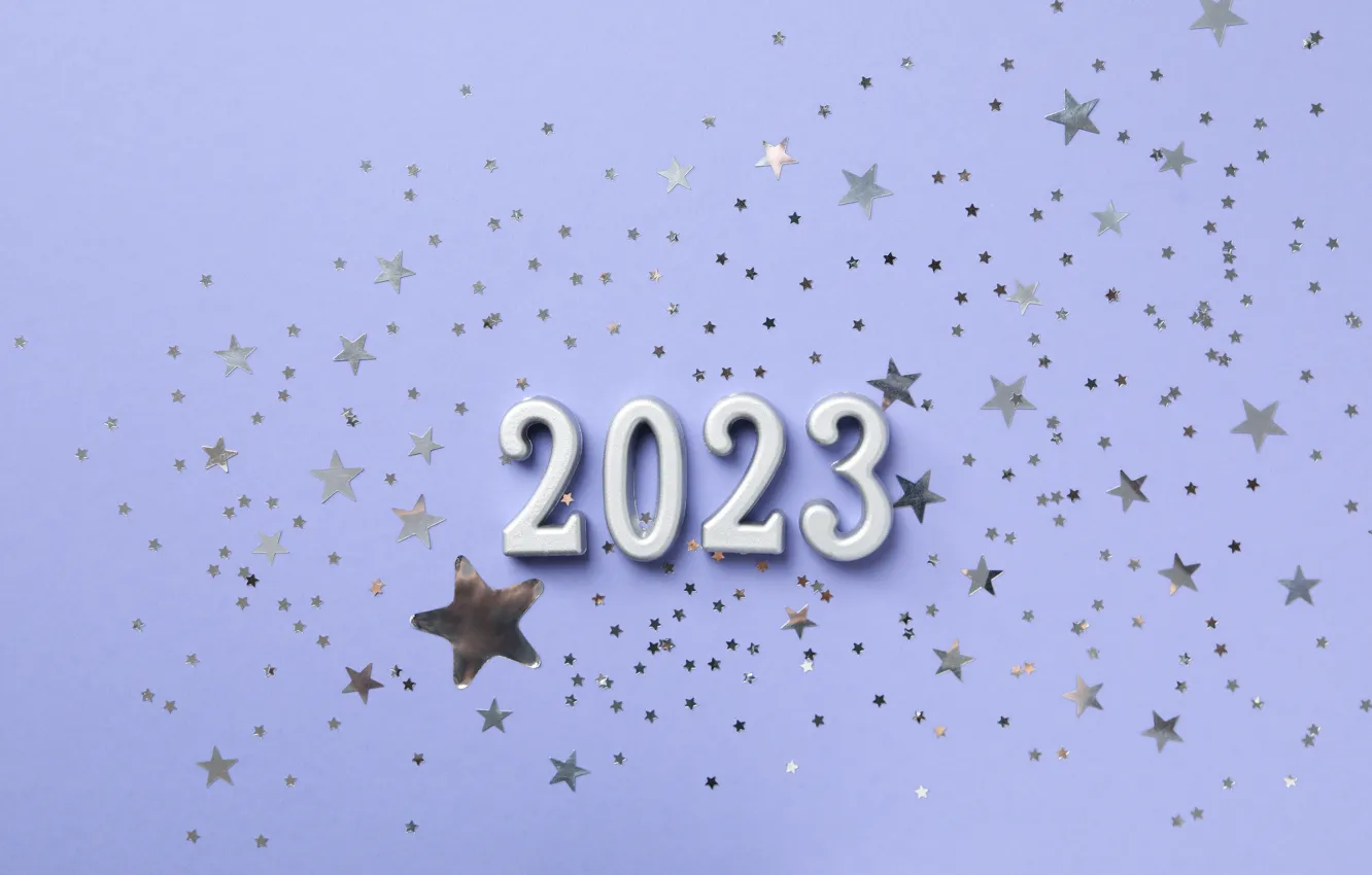 Фото обои звезды, серебро, цифры, Новый год, дата, сиреневый фон, 2023