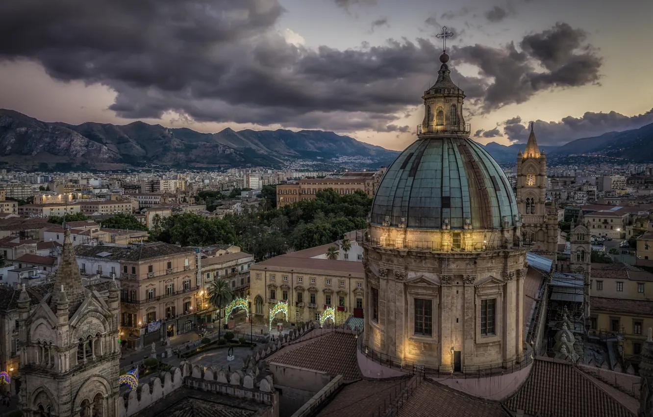 Фото обои горы, здания, дома, Италия, церковь, собор, Italy, Sicily