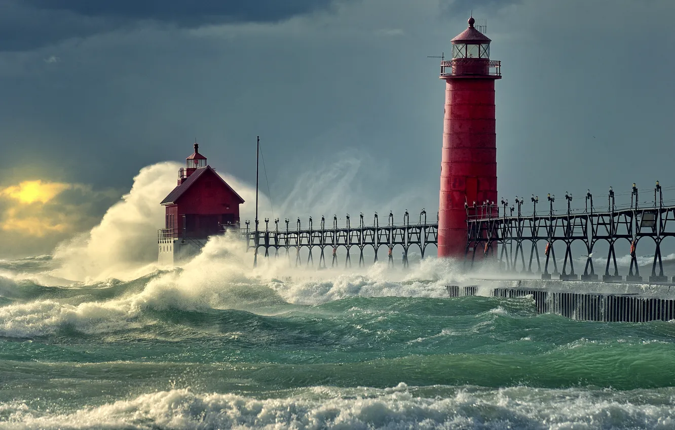 Фото обои море, волны, природа, маяк, причал, пирс