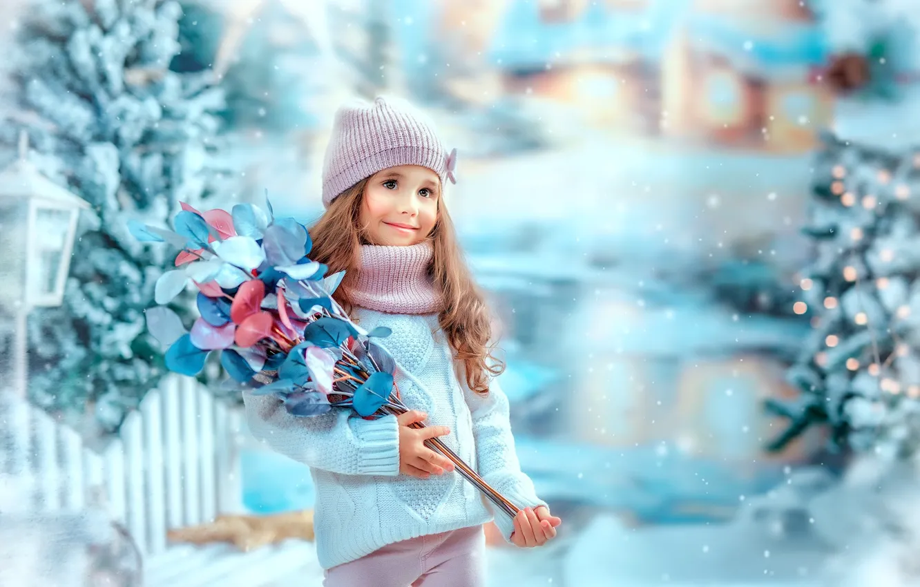 Фото обои зима, листья, снег, ветки, праздник, забор, новый год, девочка