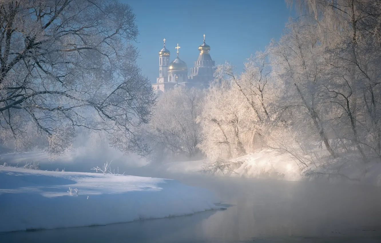 Фото обои зима, иней, снег, деревья, пейзаж, природа, река, монастырь