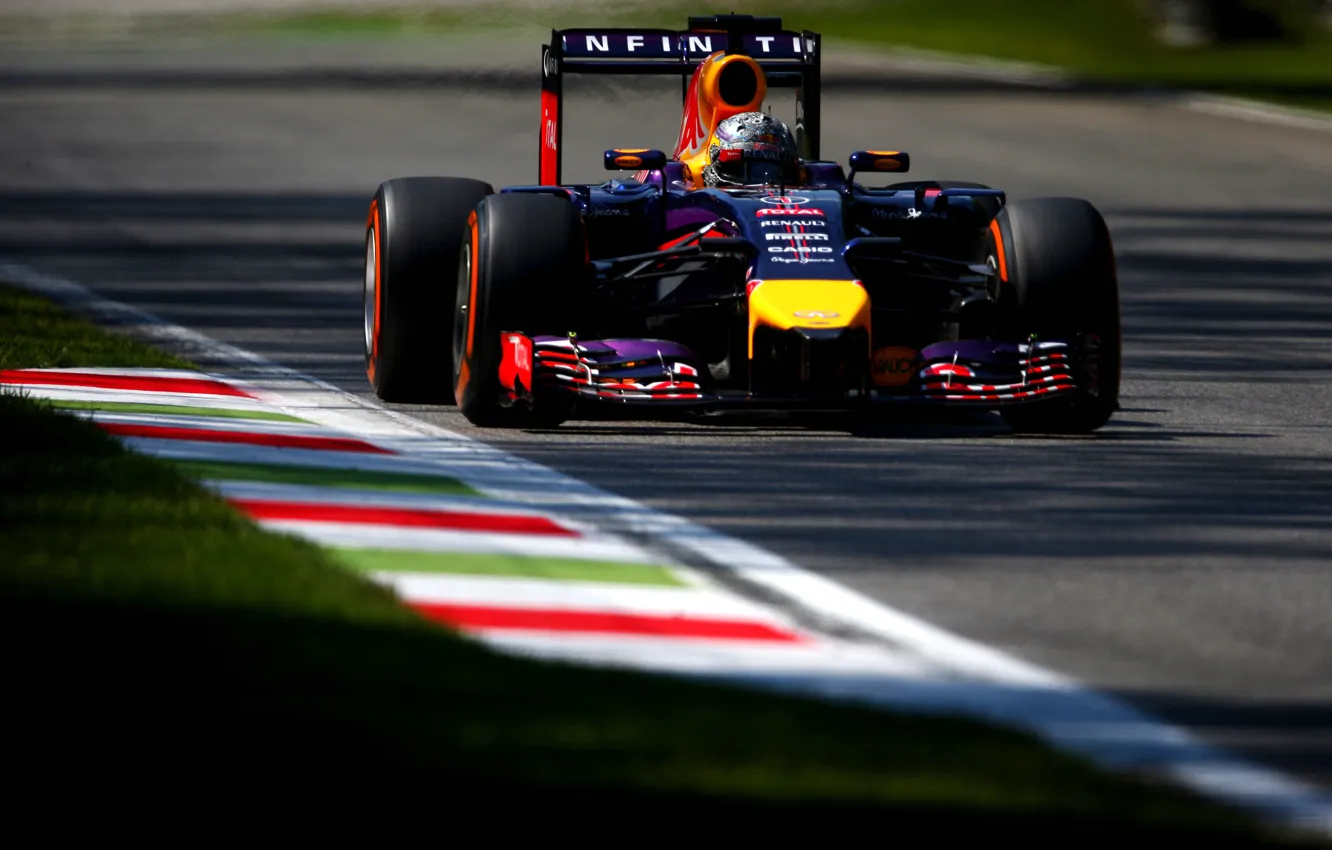 Фото обои Трава, Тень, Formula 1, Red Bull, Vettel, Поребрик
