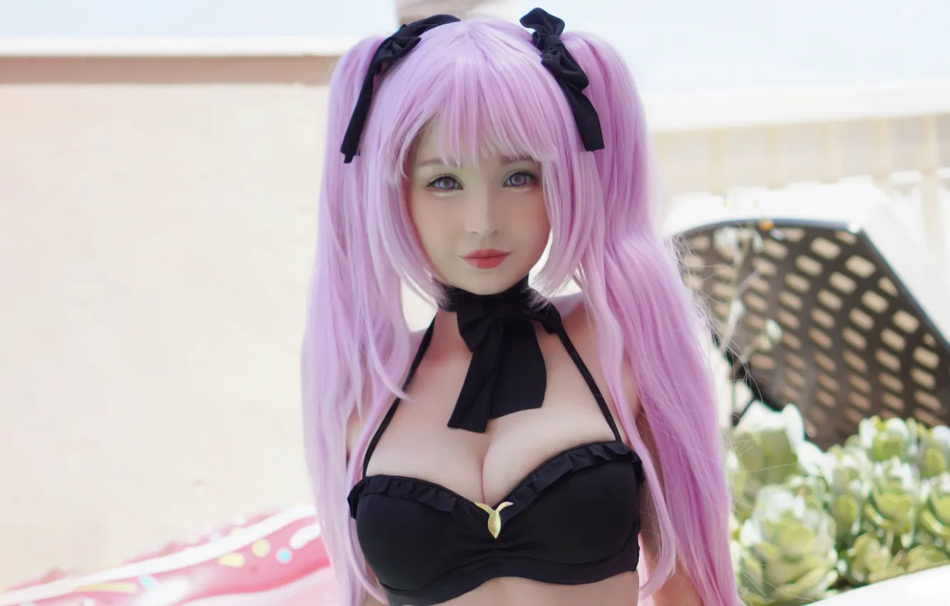 Фото обои girl, sexy, cleavage, blouse, pink hair, long hair, boobs, smile