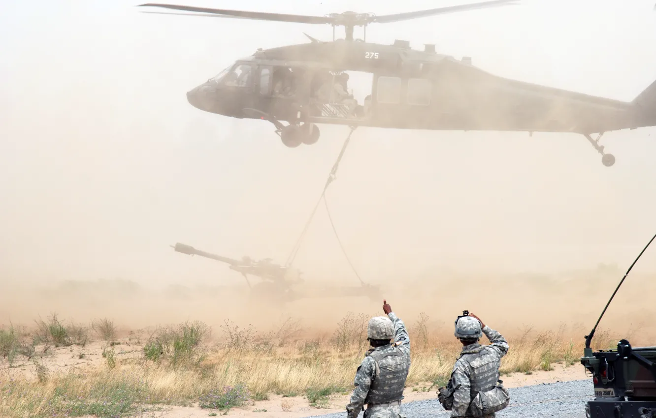Фото обои пыль, солдаты, пушка, HH-60G, Pave Hawk