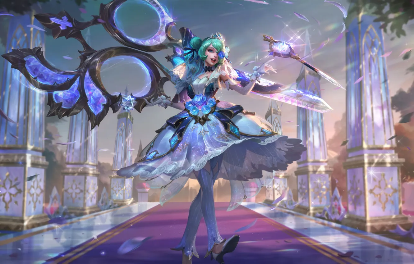 Фото обои улыбка, game, character, Gwen, ножницы, персонаж, походка, League of Legends