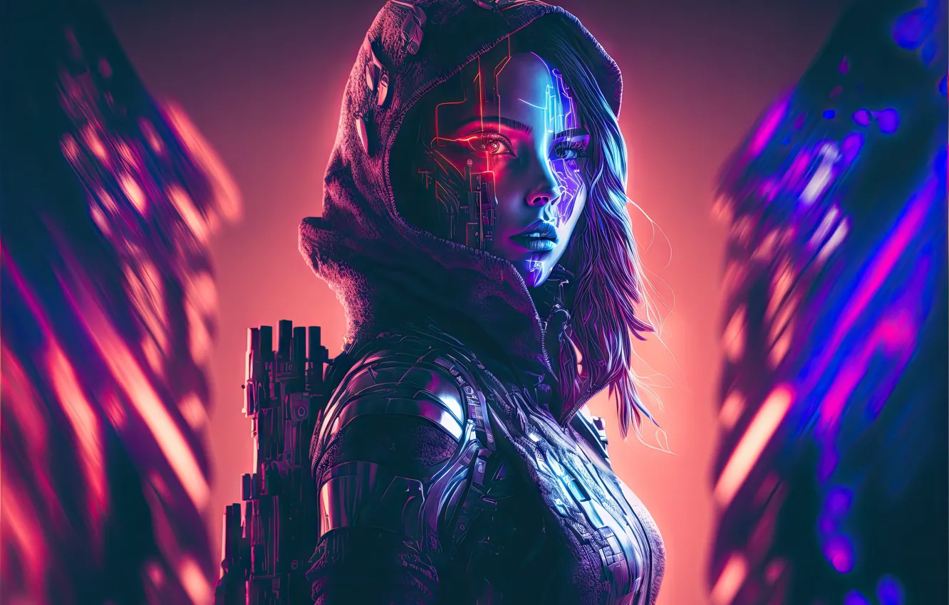 Фото обои cyberpunk, women, digital art, portrait, futuristic, looking at viewer, AI art