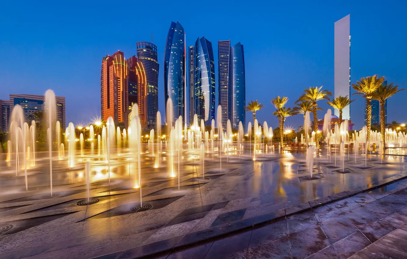 Фото обои небоскреб, дома, фонтан, ОАЭ, Абу-Даби