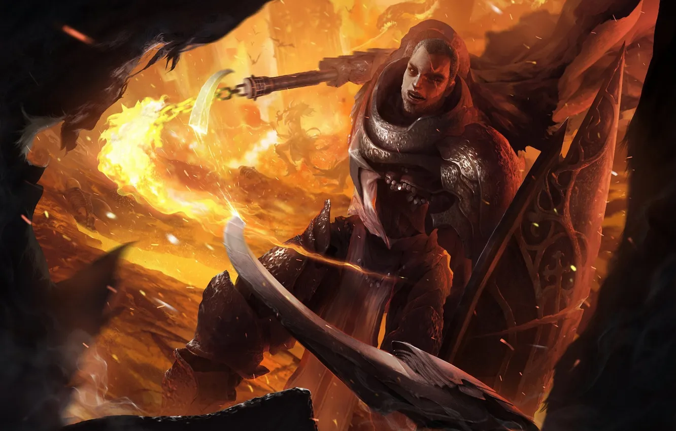 Фото обои оружие, огонь, мужчина, щит, Diablo III, Reaper of Souls