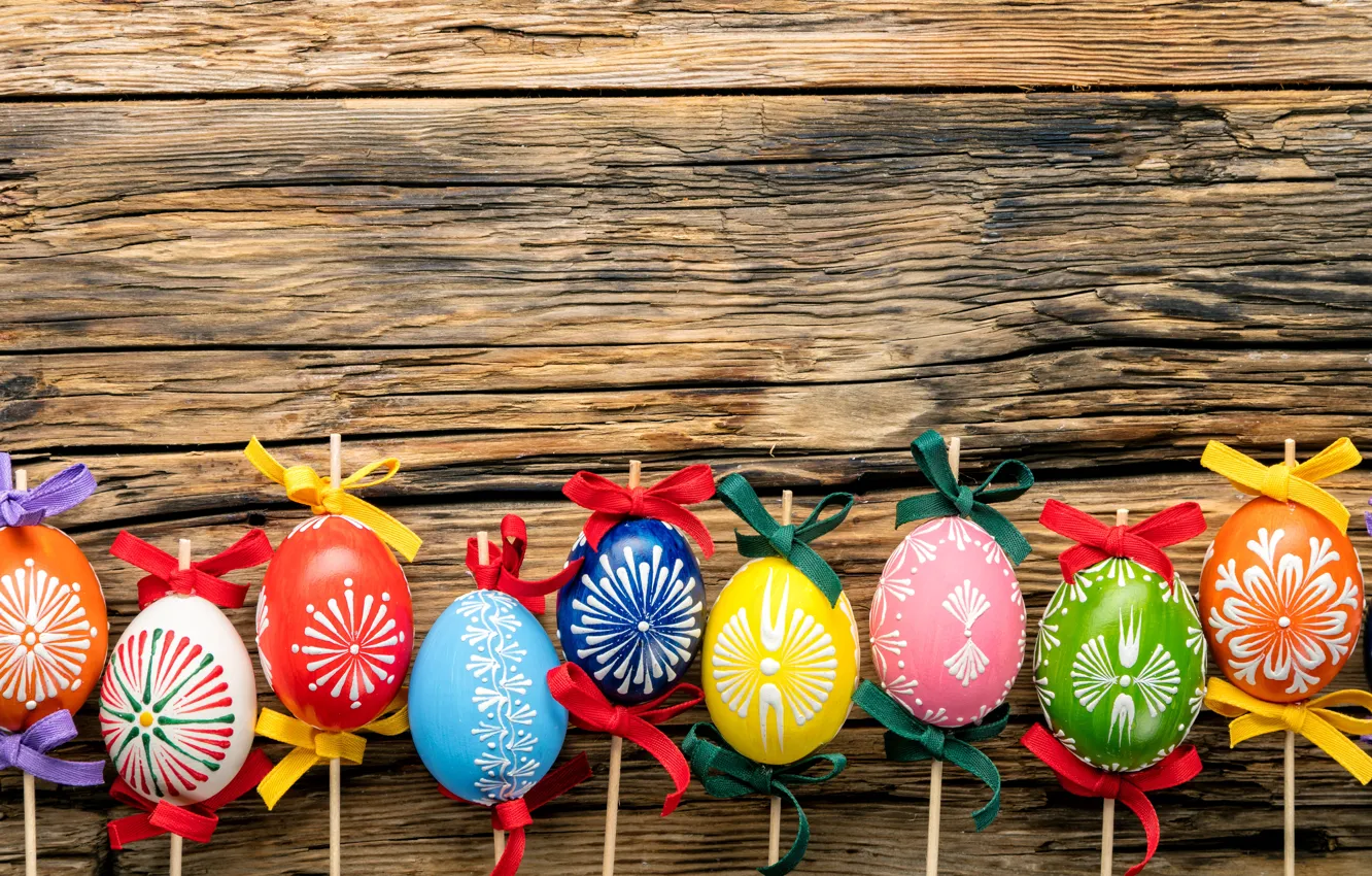 Фото обои ленты, colorful, Пасха, happy, wood, spring, Easter, eggs