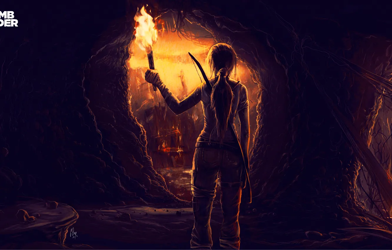 Фото обои девушка, огонь, рисунок, лук, арт, факел, Tomb Raider, пещера