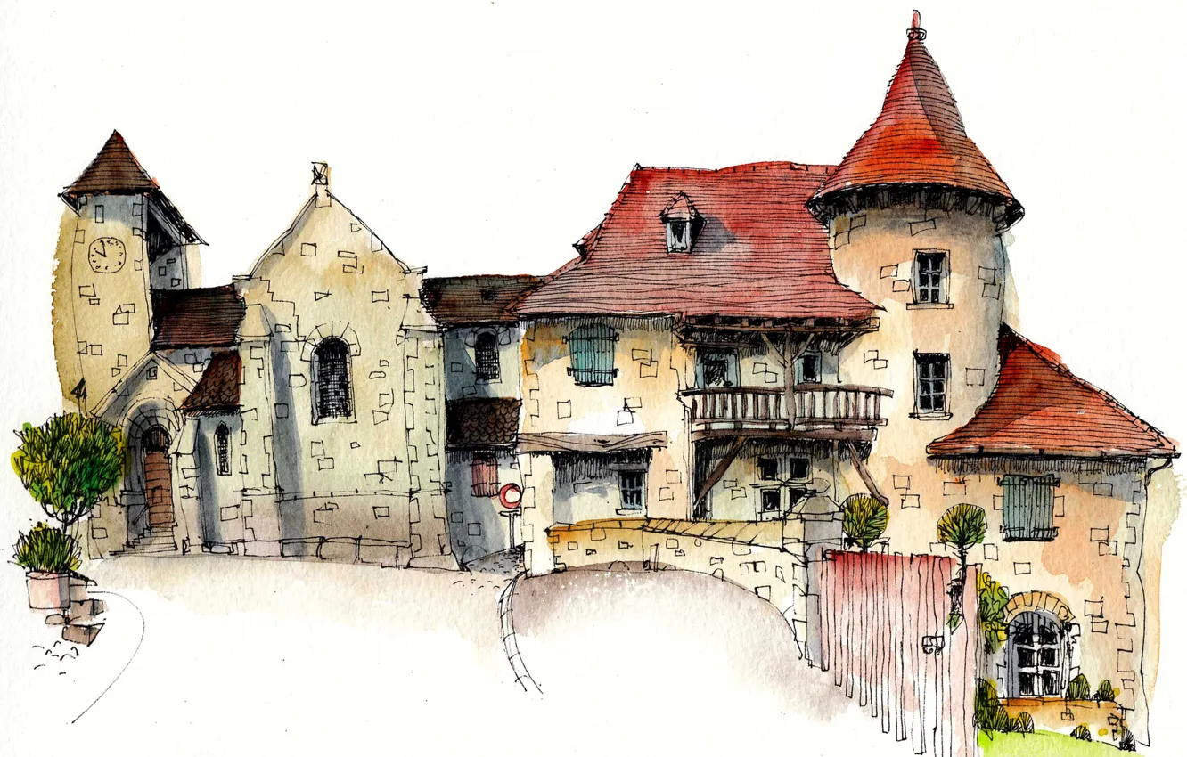Фото обои город, краски, рисунок, Франция, дома, Кюрмонт