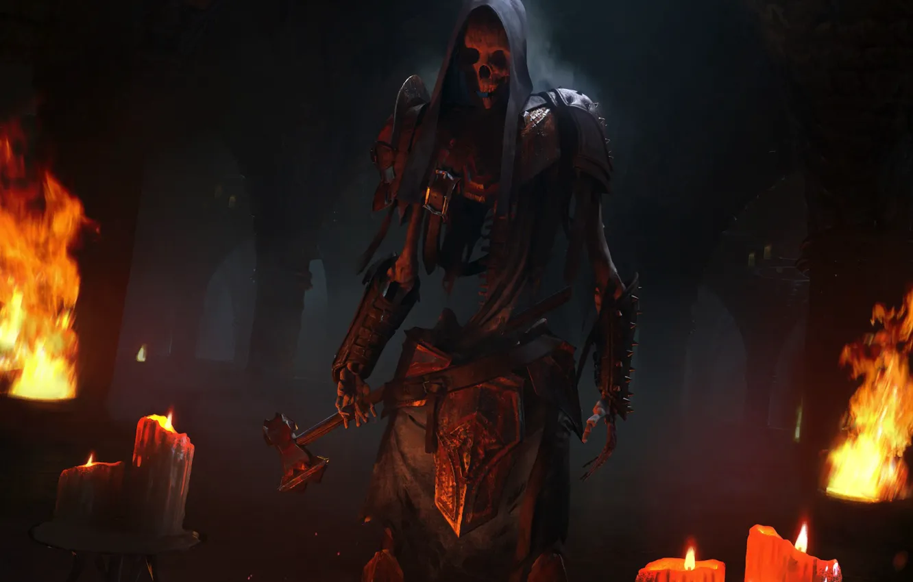 Фото обои ночь, огонь, свечи, скелет, тапор, The Elder Scrolls Legends