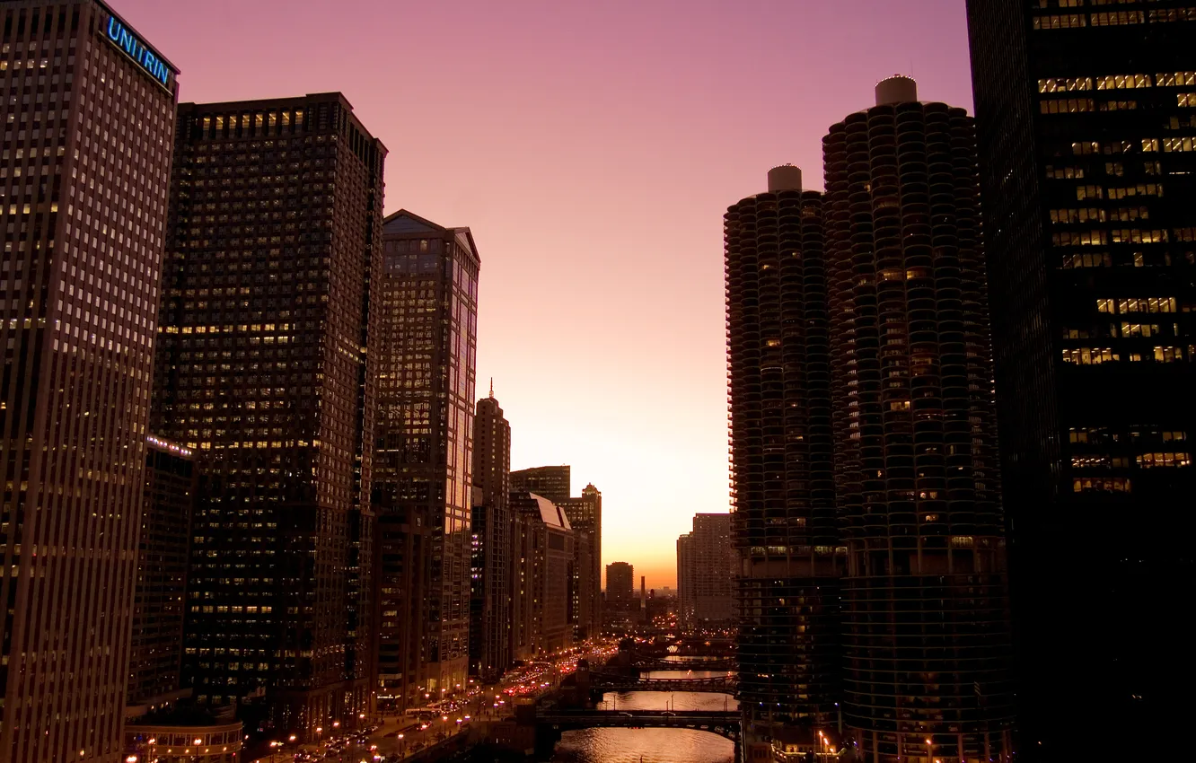Фото обои ночь, огни, здания, небоскребы, америка, мосты, чикаго, Chicago