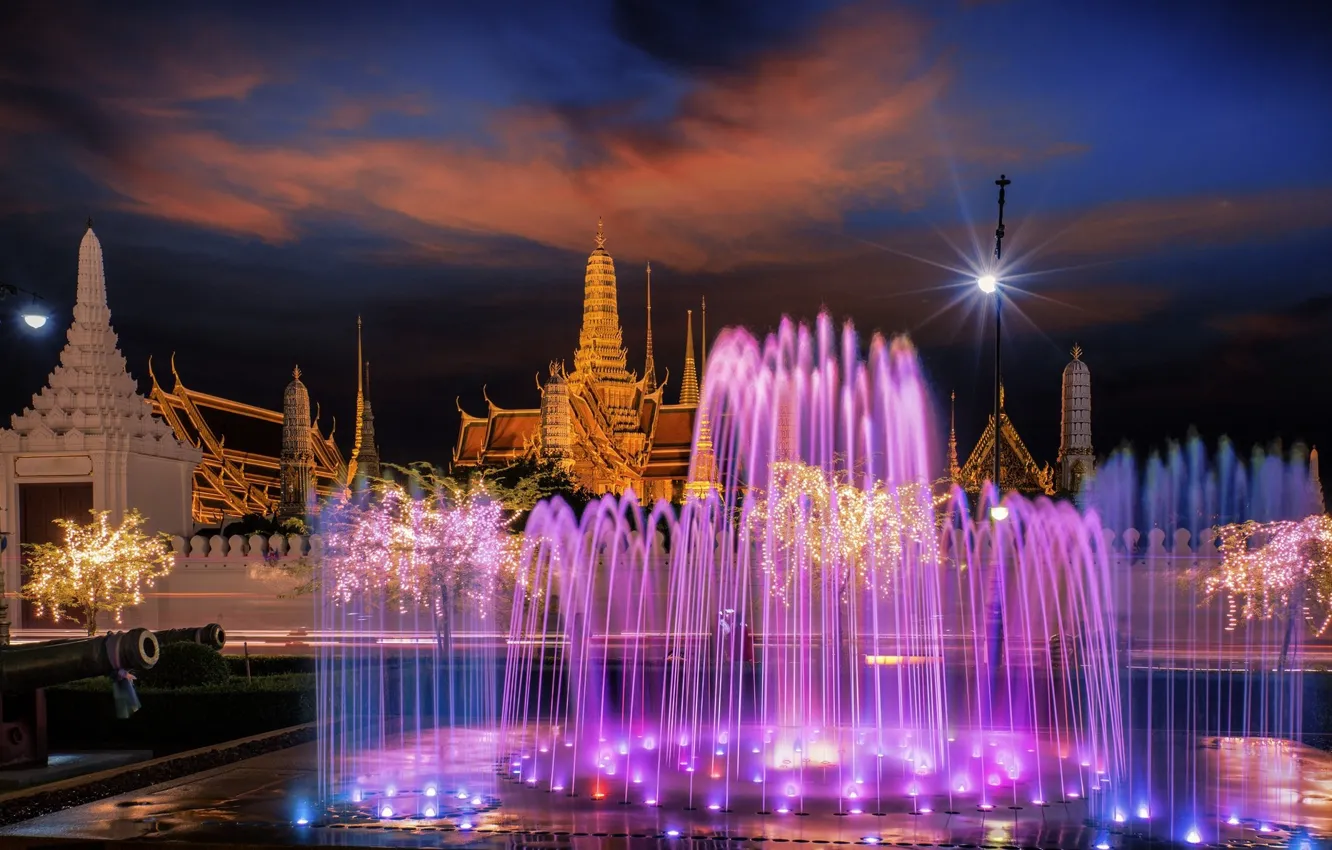 Фото обои город, фонтан, Тайланд, Бангкок, иллюминация