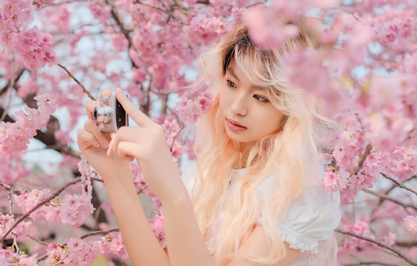 Фото обои Beautiful, Asian, Model, Tree, Flowers, Blonde, Camera, Woman