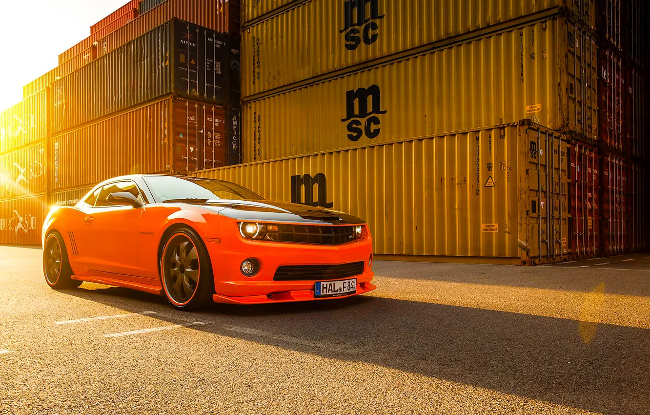 Фото обои Chevrolet, Muscle, Camaro, Orange, Car, Front, Sun, Tuning