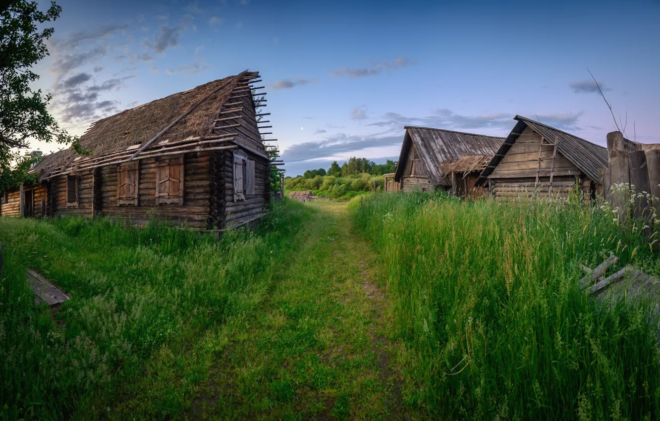 Фото обои дорога, небо, трава, облака, поляна, забор, дома, деревня