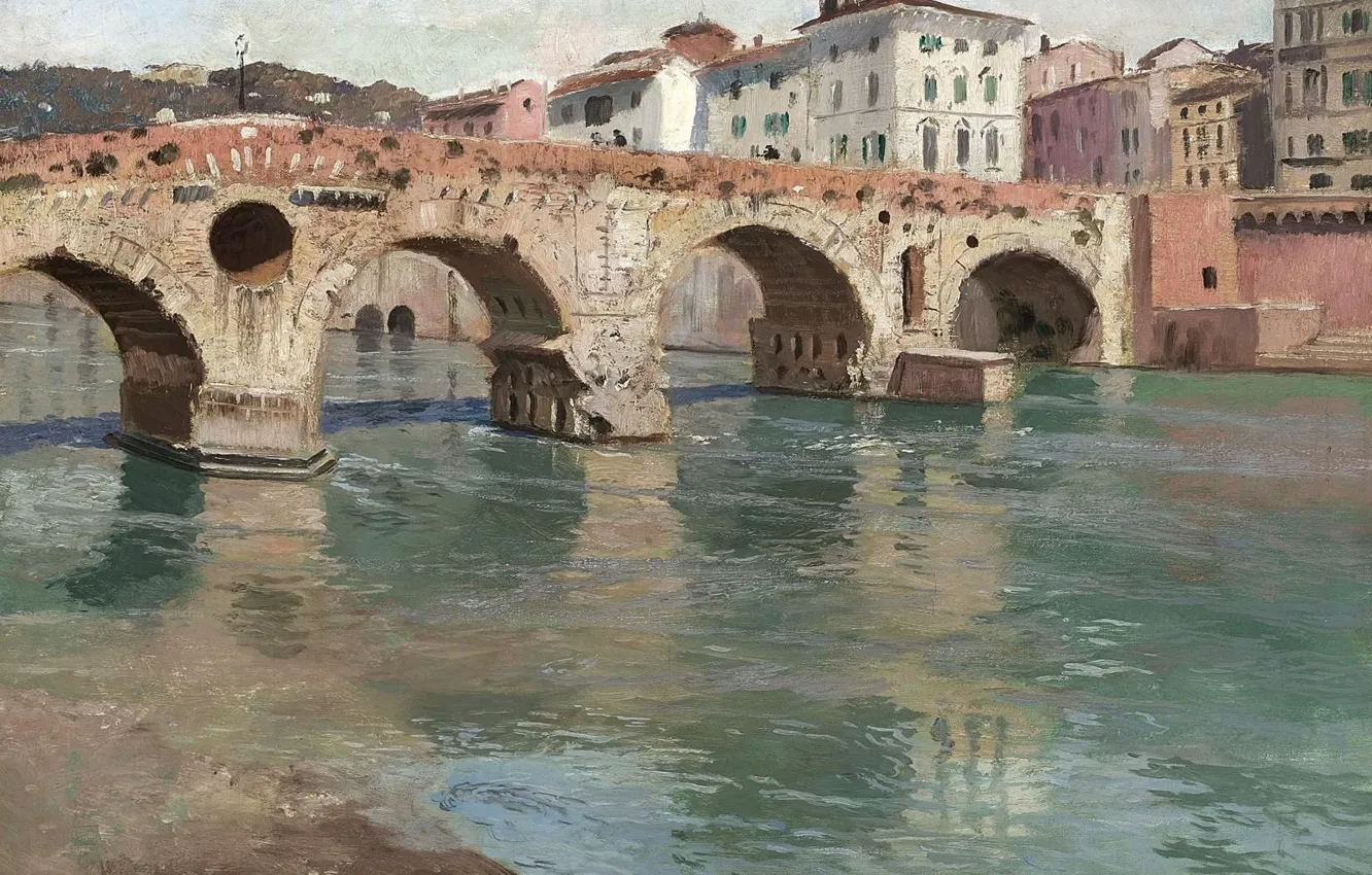 Фото обои мост, река, дома, картина, городской пейзаж, Фриц Таулов, Frits Thaulow, Понте Пьетра. Верона