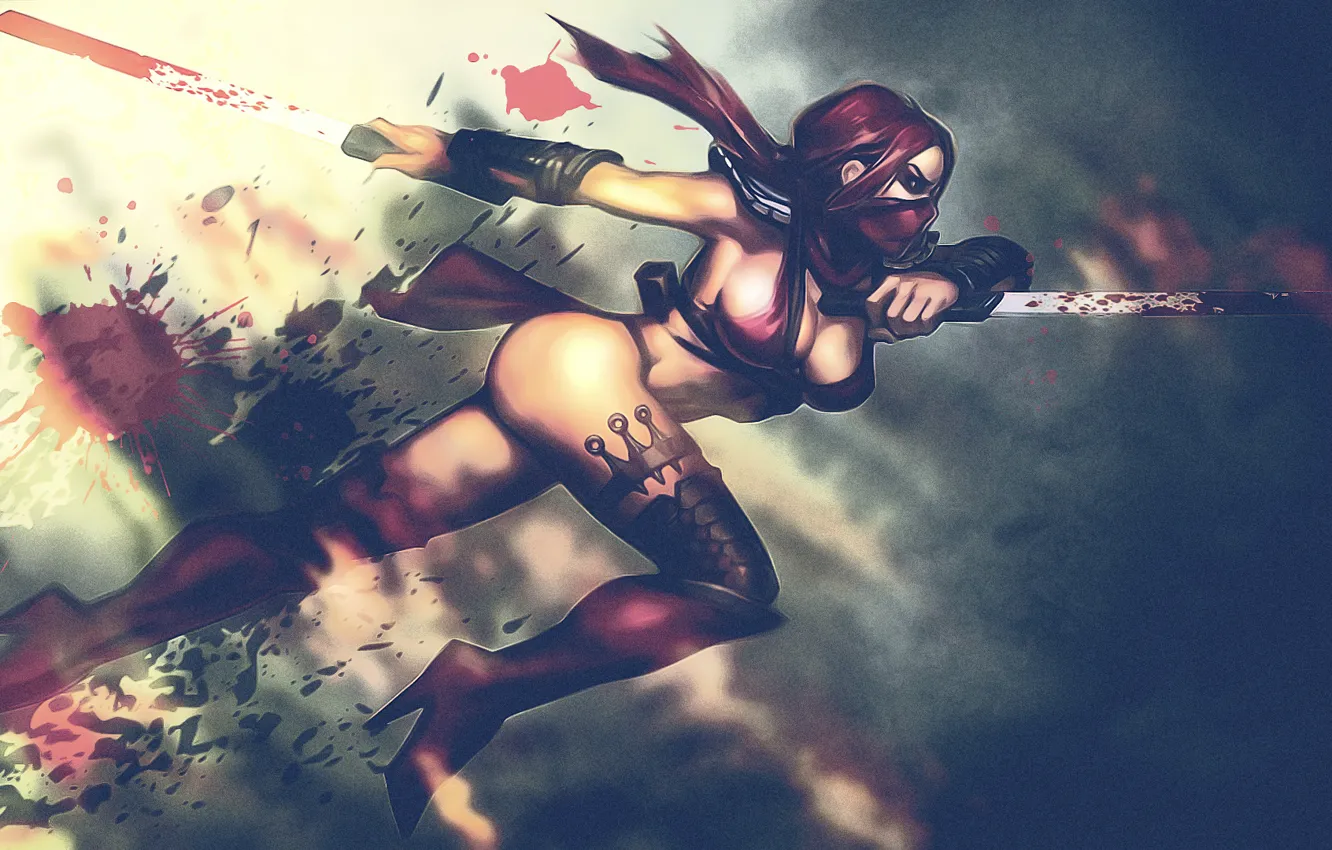 Фото обои девушка, кровь, воин, маска, ножки, мечи, убийца, Mortal Kombat