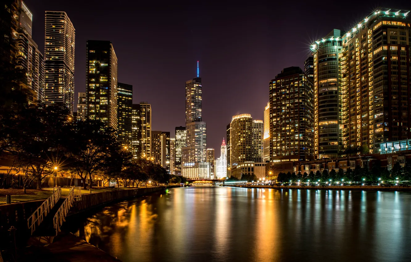 Фото обои Ночь, Чикаго, Небоскребы, USA, Chicago, skyline, nightscape
