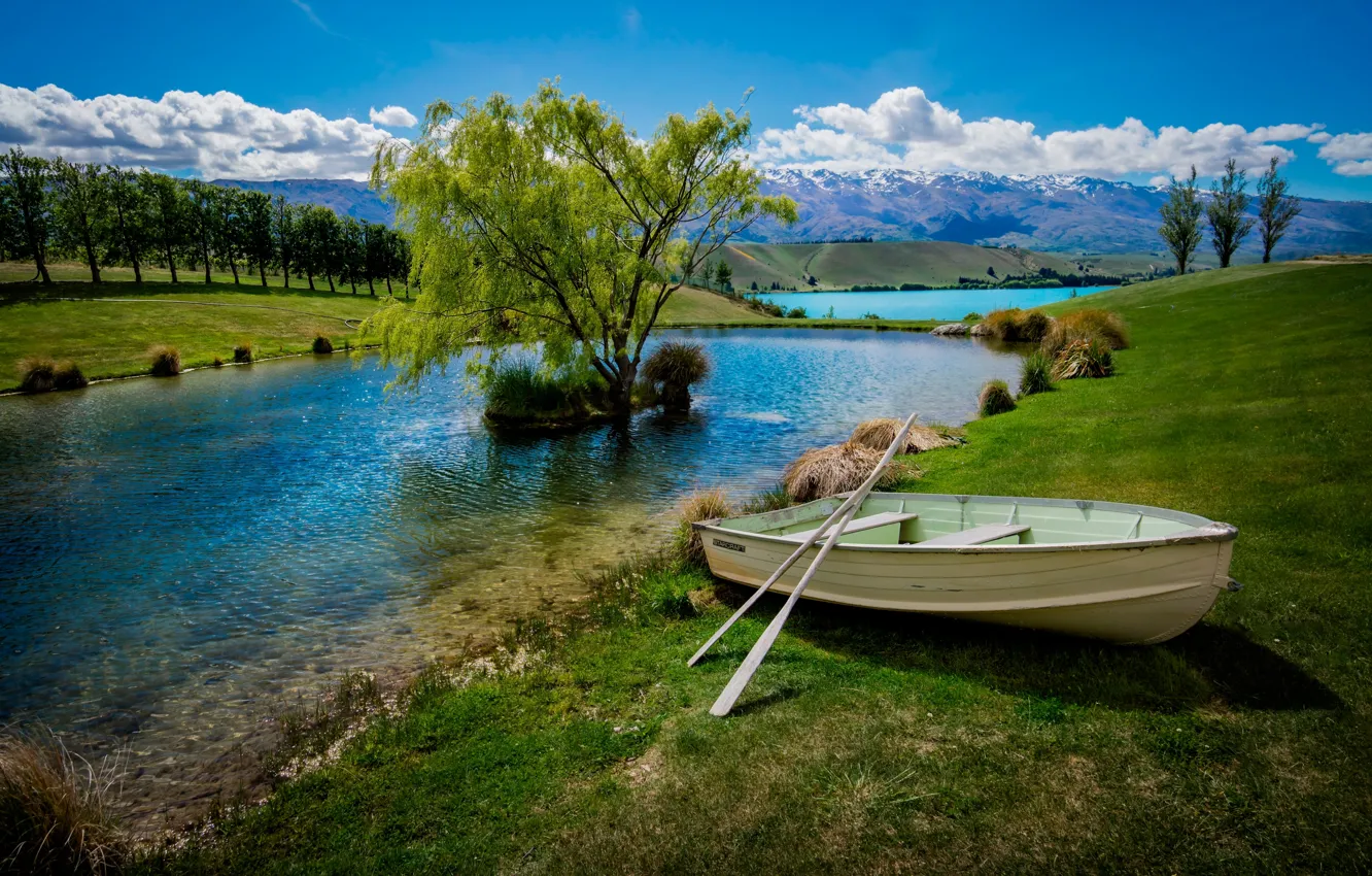 Фото обои деревья, горы, озеро, лодка