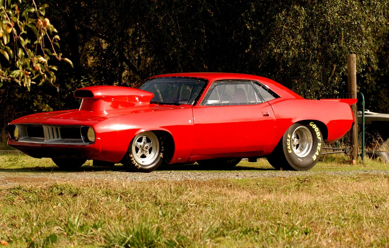 Фото обои красный, red, 1970, Plymouth, Плимут, Drag, Hemi Cuda, дрег