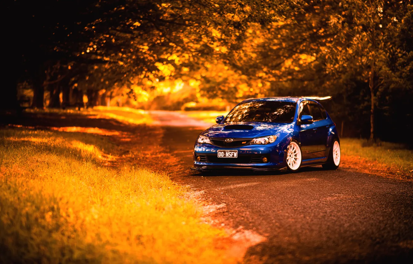 Фото обои осень, Subaru, Impreza, синяя, STI, blue, субару, импреза