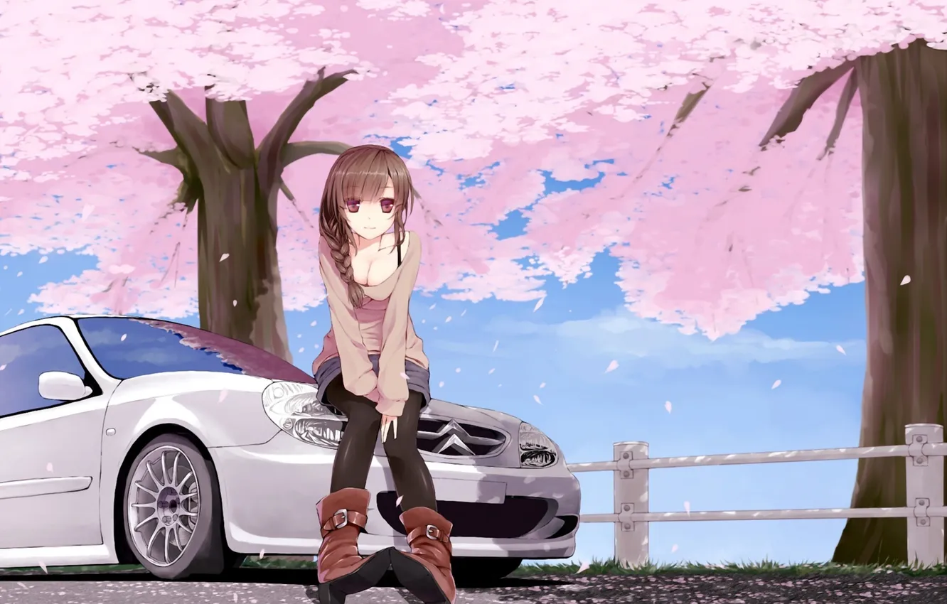 Фото обои машина, девушка, деревья, забор, сапоги, сакура, арт, сидя