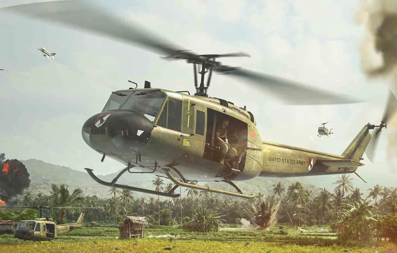 Фото обои США, US Army, Antonis Karidis, война во Вьетнаме, многоцелевой вертолет, Bell UH-1D Iroquois Utility Military …