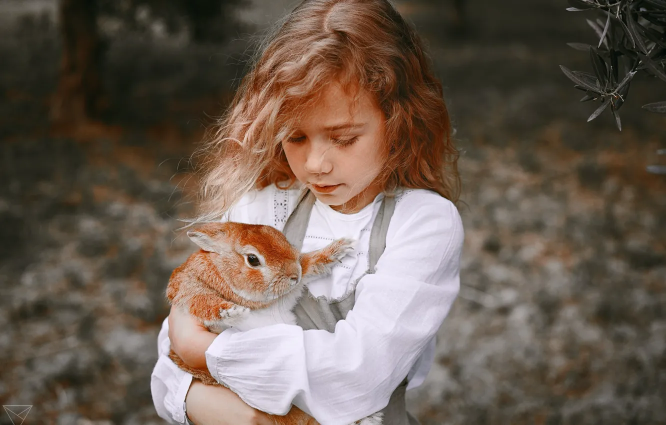 Фото обои фон, настроение, кролик, дружба, девочка, рыжая, друзья, рыжеволосая