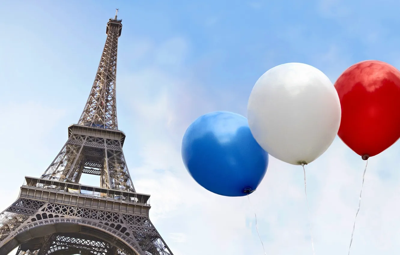 Фото обои белый, небо, синий, красный, город, воздушные шары, Франция, Париж