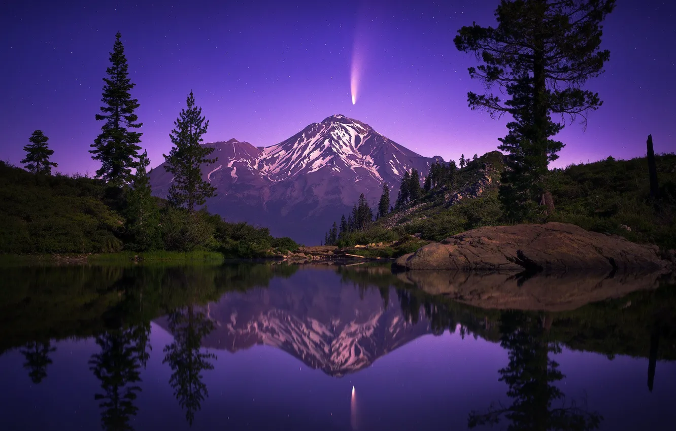 Фото обои деревья, горы, ночь, озеро, отражение, комета, Калифорния, California
