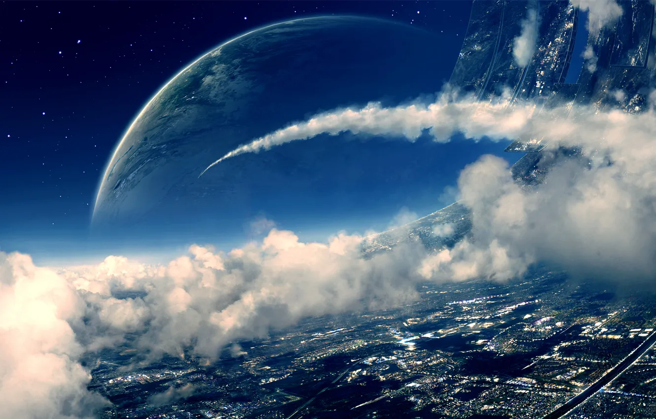 Фото обои космос, облака, планета, art, space station