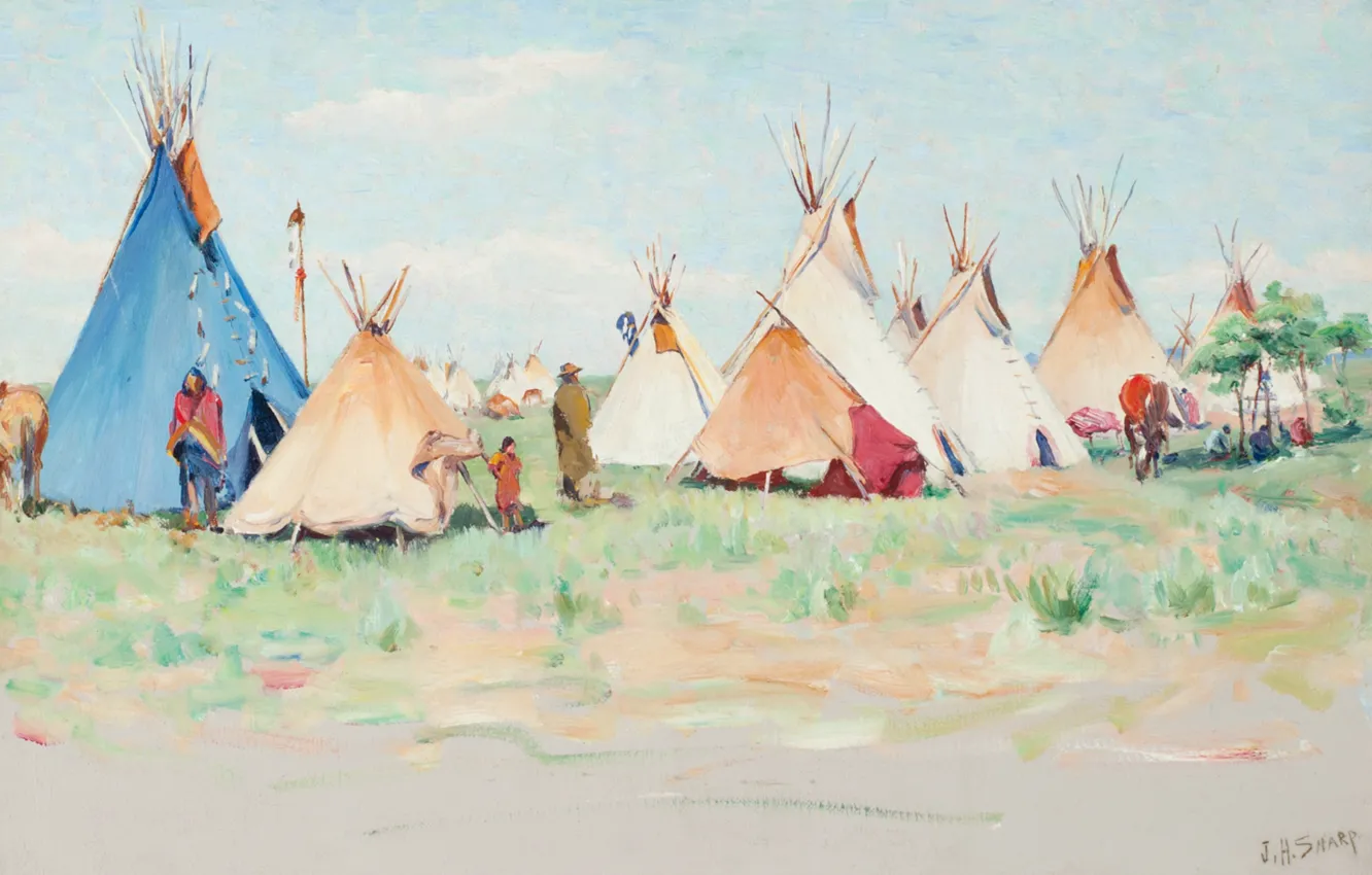 Фото обои Summer Camp, Joseph Henry Sharp, Horn Montana, Crow Encampment, Little Big