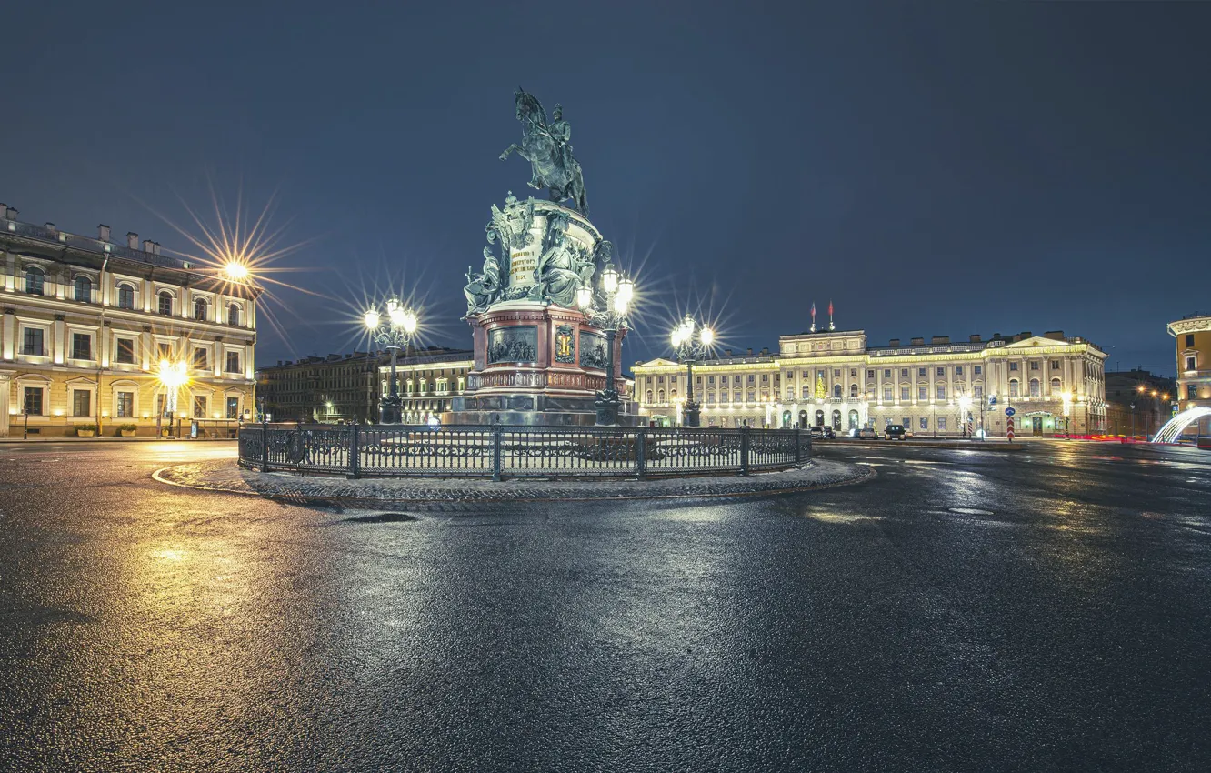 Фото обои здания, дома, площадь, фонари, Санкт-Петербург, памятник, Россия, ночной город
