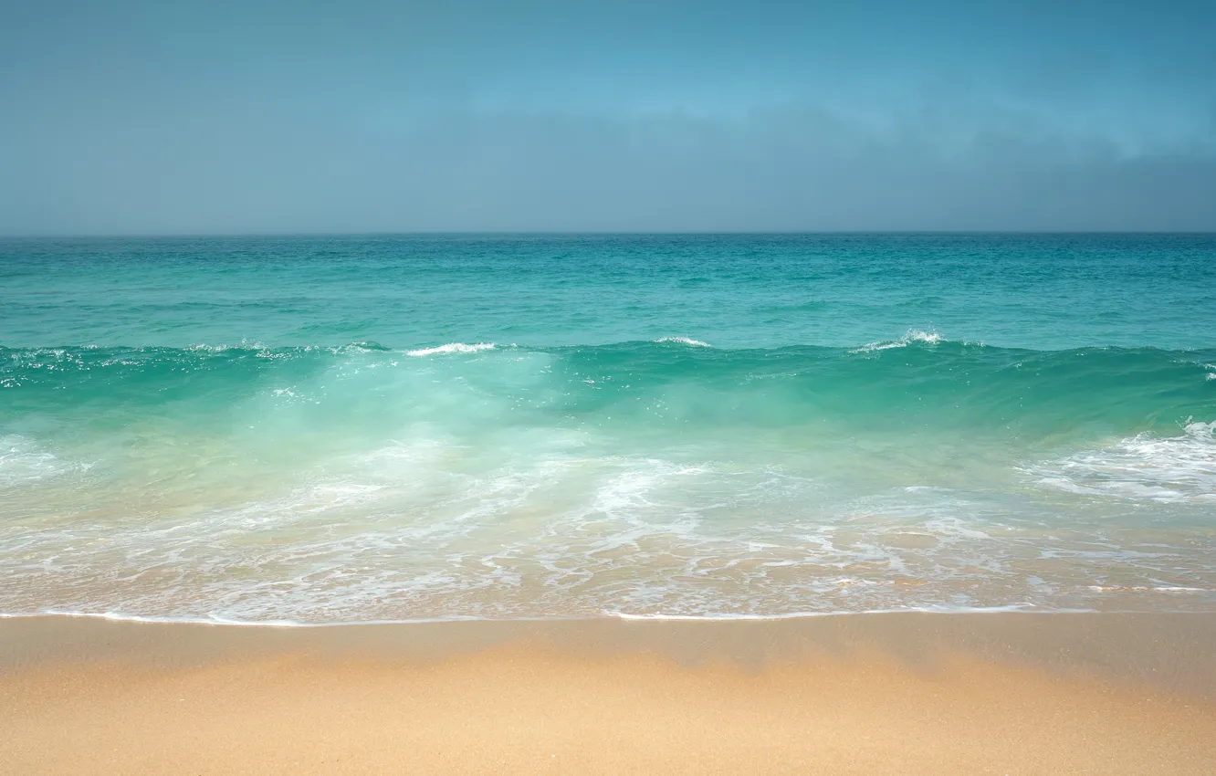 Фото обои песок, небо, вода, океан, берег, волна, горизонт