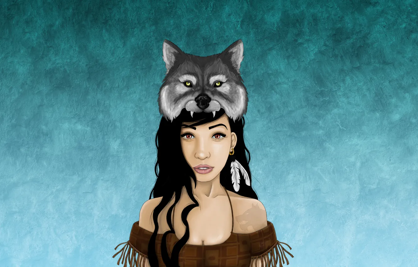 Фото обои девушка, волк, перья, маска, индеец, wolf, indian, индианка