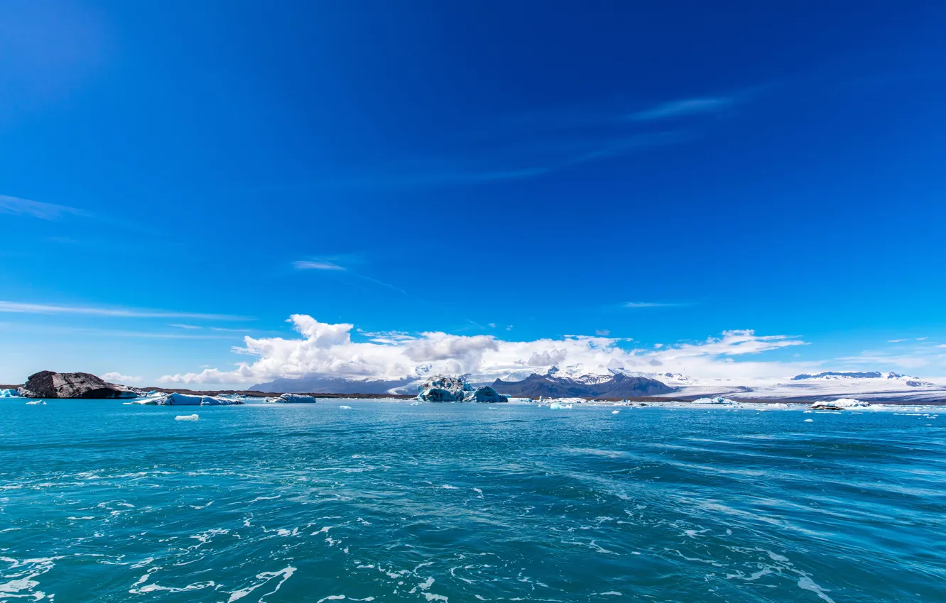 Фото обои море, небо, облака, горы, синева, побережье, льды, Исландия