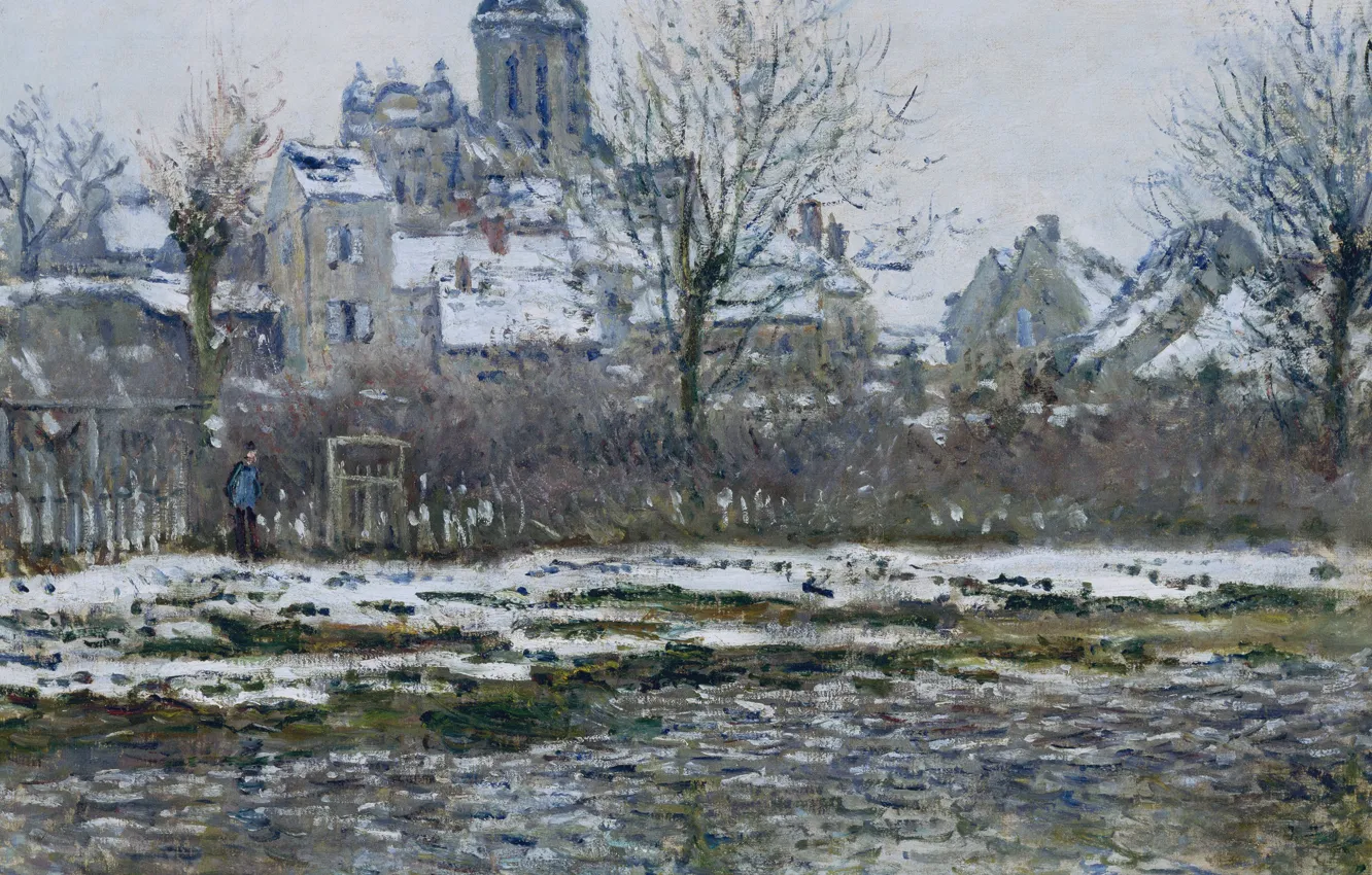 Фото обои пейзаж, картина, Клод Моне, Ветёй. Церковь. Снег