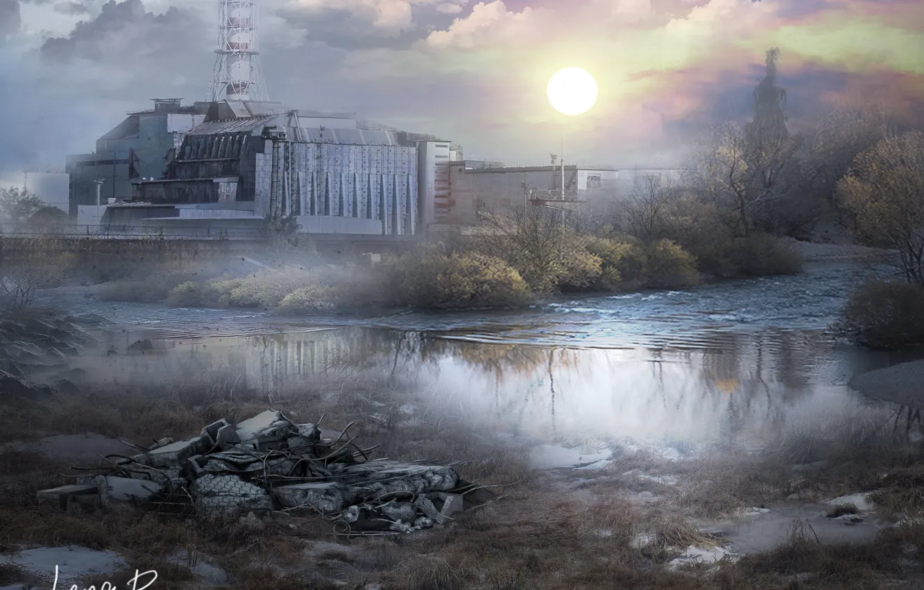 Фото обои закат, рассвет, арт, Сталкер, Stalker, Чернобыль, art, 2019