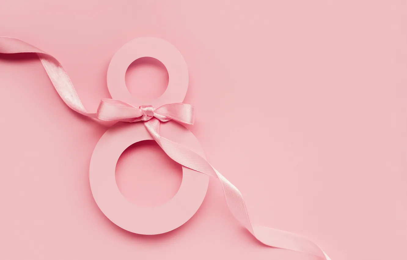 Фото обои цифра, лента, happy, розовый фон, 8 марта, pink, background, number