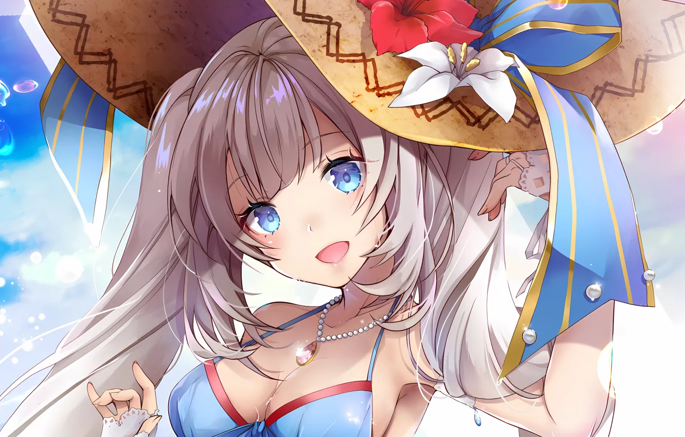Фото обои girl, sexy, cleavage, long hair, hat, boobs, anime, flowers
