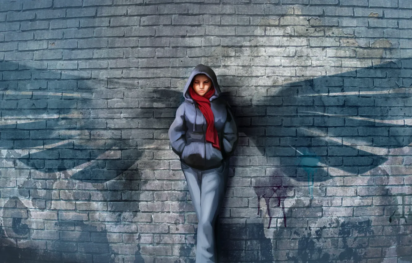 Фото обои девушка, стена, рисунок, крылья, шарф, арт, кирпичи