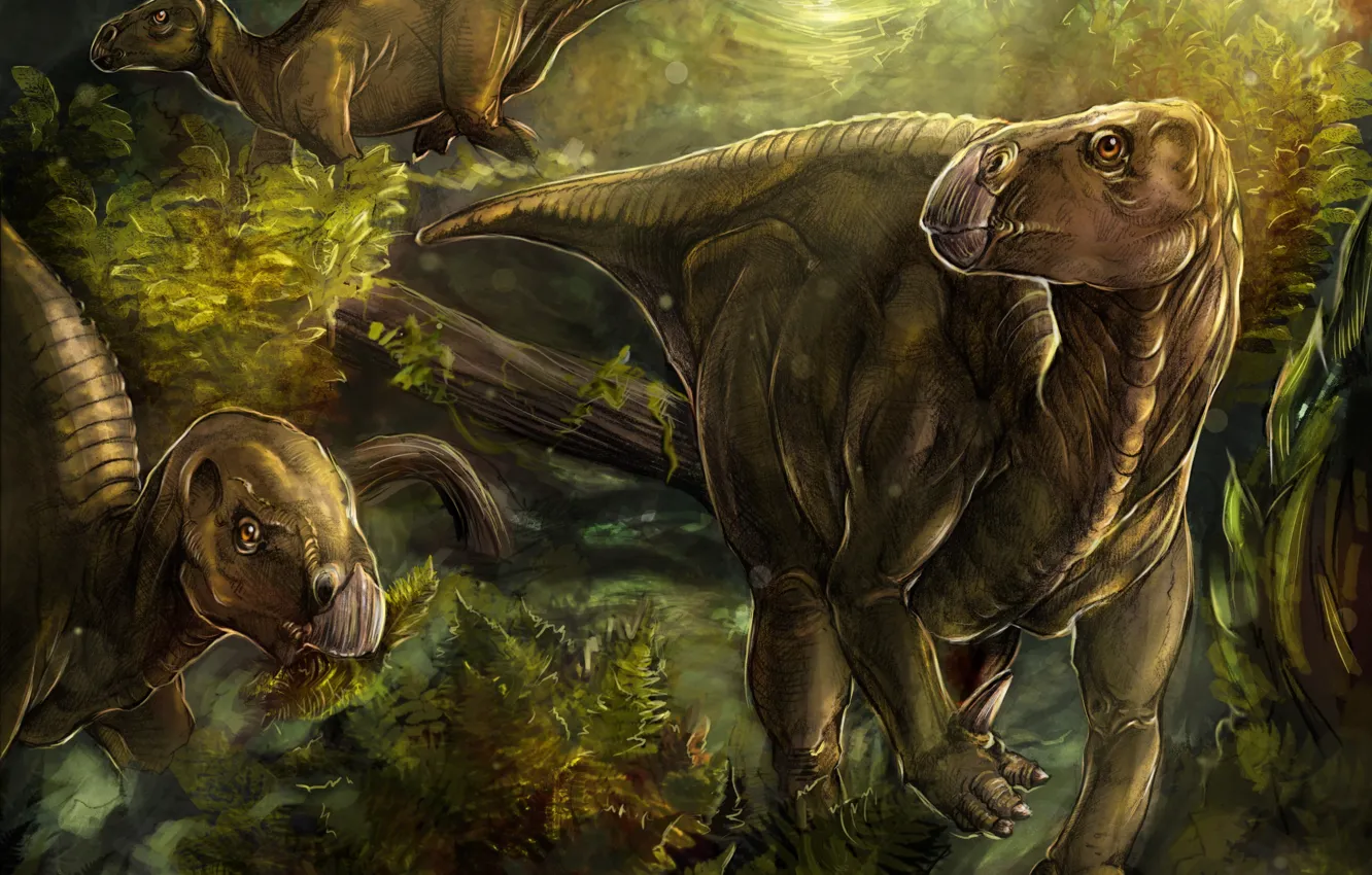Фото обои лес, арт, динозавры, iguanodon, игуанодон