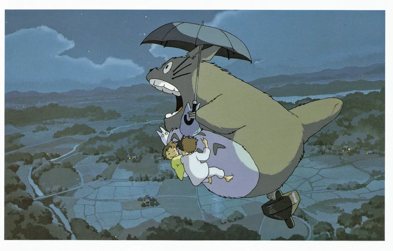 Фото обои полет, ночь, дети, существо, зонт, горизонт, мой сосед тоторо, tonari no totoro