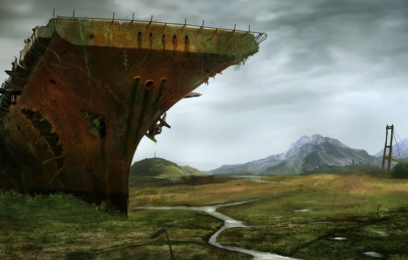 Фото обои мост, река, корабль, долина, остов, арт, разруха, авианосец