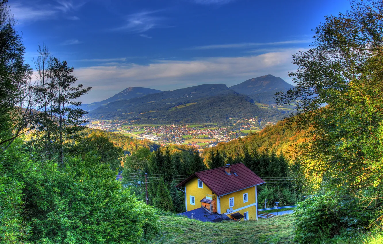 Фото обои осень, небо, солнце, горы, поля, HDR, дома, Австрия