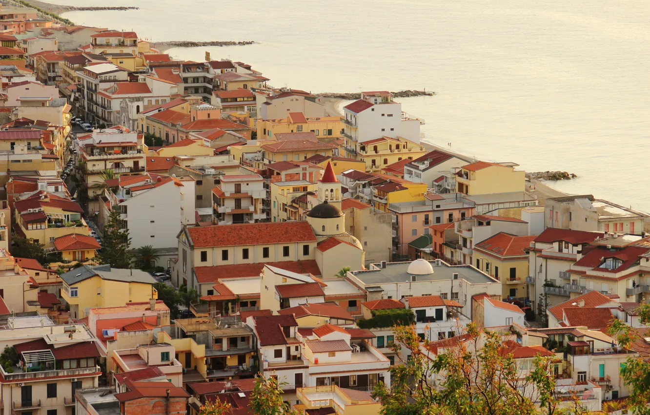 Фото обои море, город, фото, побережье, дома, Италия, сверху, Sicilia