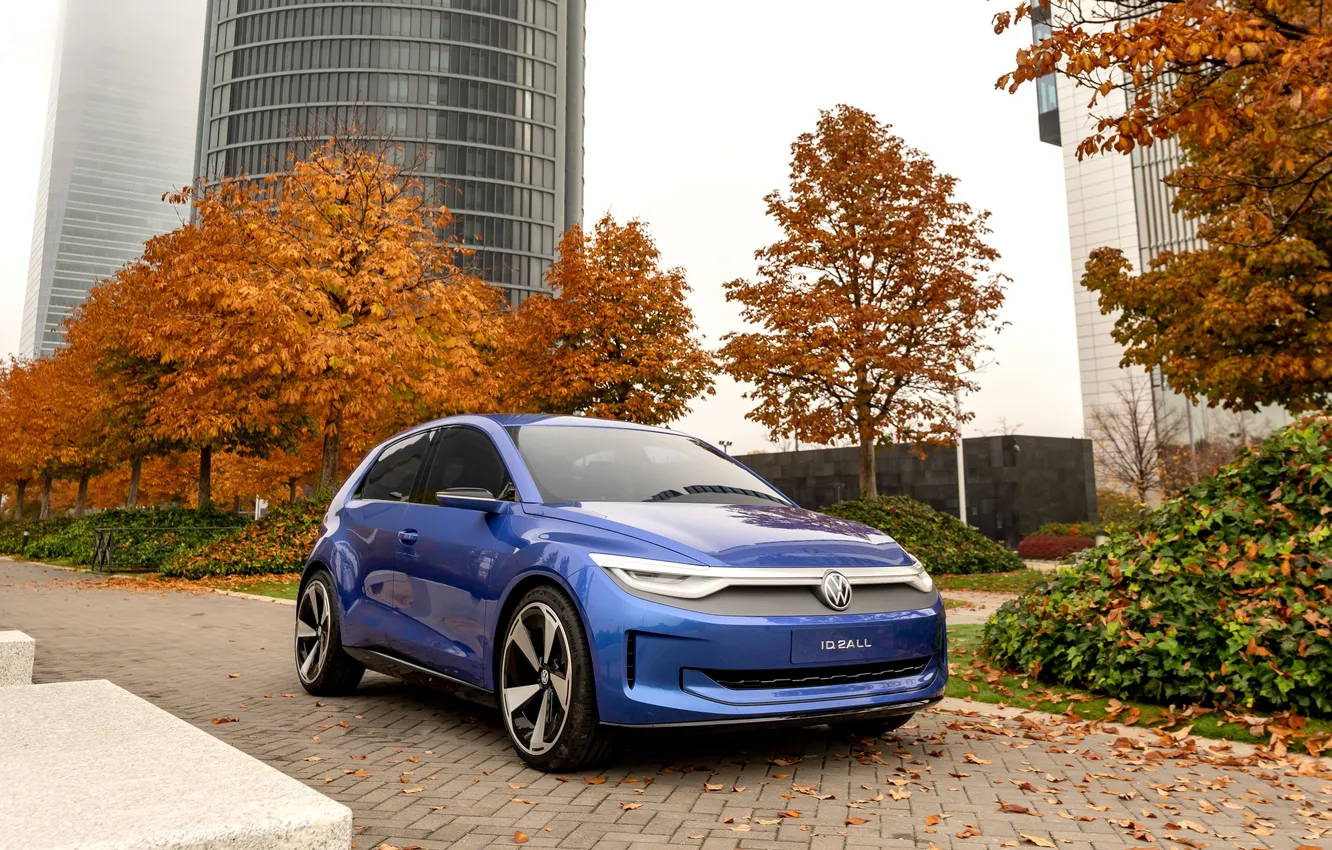 Фото обои голубой, машина, авто, Volkswagen, осень, город